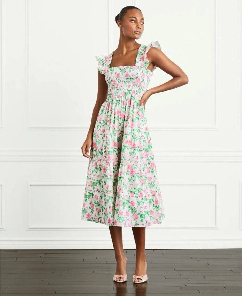 Hill House Nap Dress Peony Rose Flower White Red Pink Print XS